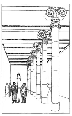 Interior del templo de Neandria, con la columnata de capiteles protojónicos, hacia el 570 a. C. Interior del templo de Neandria, con la columnata de capiteles protojónicos, hacia el 570 a. C.