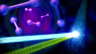 Un pulso láser (verde) golpea el gas de yodo (derecha). Luego, un haz de electrones (azul) golpea en el gas, y proyecta los patrones de vibración de los enlaces moleculares. Fuente: SLAC.
