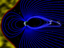 Ilustración (no está a escala) de la magnetosfera. El viento solar está en amarillo, a la izda., y las líneas magnéticas que emanan de la tierra en azul. Los electrones son puntos blancos. Imagen: Emmanuel Masongsong. Fuente: UCLA/EPSS/NASA.
