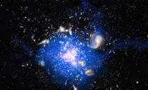 Recreación  artística  del  océano  de  gas  helado  descubierto  en  el  corazón  de  un  cúmulo  de  galaxias  situado  a  unos 10.000  millones  de  años  luz. Fuente: UCM.