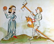 Ilustración medieval de niños jugando con un caballito y una pelota. Imagen: ÖNB-Biblioteca Nacional de Austria 12820, fol. 182r, c. 1484-1486. Fuente: UCM.