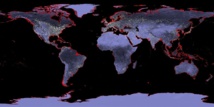 Mapa de la Tierra con una subida de 6 metros del nivel del mar representada en rojo. Imagen: NASA