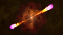 Recreación artística de una explosión de rayos gamma, que se cree que ocurre cuando una estrella masiva colapsa, forma un agujero negro y dispara chorros de partículas hacia fuera a casi la velocidad de la luz. Crédito de la imagen: Goddard Space Flight Center de la NASA.