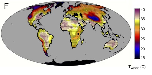 Mapa de las zonas peligrosas para la habitabilidad en el futuro. Fuente: Universidad de Purdue.