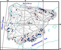 Mapa de nodos con potencial de generar terremotos moderados en la Península Ibérica. Imagen: A. I. Gorshkov et al.