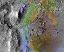 Delta en el cráter Jezero en Marte. Fuente: NASA/JPL/JHUAPL/MSSS/Brown University. Delta en el cráter Jezero en Marte. Fuente: NASA/JPL/JHUAPL/MSSS/Brown University.
