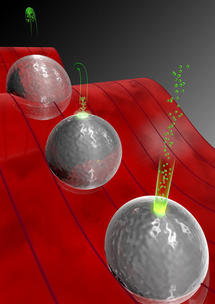 Mecanismo de aceleración de electrones cerca de nanoesferas de silicio. Imagen: Christian Hackenberger/LMU.