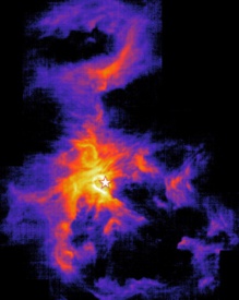 Imagen de alta resolución de la Nebulosa de Orión obtenida con el Observatorio SOFIA. En cada píxel de la imagen, se llevó a cabo una medición de la velocidad del gas, haciendo posible calcular la energía depositada por el viento de la estrella masiva (cuya posición está indicada por el símbolo) en la nube de gas.  © NASA / C. Pabst et al. Nature (2019).
