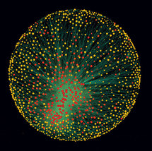Mapa de las 1.318 corporaciones transnacionales que forman el núcleo de la economía. Las organizaciones superconectadas aparecen en rojo, las muy conectadas en amarillo. El tamaño de los puntos representa los ingresos. Fuente: PLoS One.