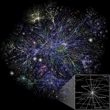Visualización del Proyecto Opte de diversas rutas de Internet. Fuente: Wikimedia Commons.