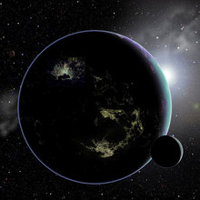 Imagen artística de un exoplaneta con ciudades iluminadas. Foto: David A. Aguilar. Fuente: CfA. 