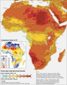Mapa de África que muestra el potencial de la energía eléctrica en el continente, y compara los costes de la generación de electricidad con tecnología fotovoltaica y diesel. Fuente: JRC. Mapa de África que muestra el potencial de la energía eléctrica en el continente, y compara los costes de la generación de electricidad con tecnología fotovoltaica y diesel. Fuente: JRC.