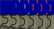 Investigadores de Georgia Tech utilizan una cámara térmica para registrar la variación de la temperatura superficial (parte superior) de una aleación con memoria de forma, experimentando la carga y descarga. Imagen: Reza Mirzaeifar. Fuente: Georgia Tech.