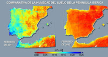 Comparativa de la humedad del suelo de la Península Ibérica. Fuente: CSIC.