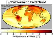 Ddistribución geográfica de calentamiento de la superficie durante el siglo XXI. En esta figura, el calentamiento global corresponde a un promedio de 3,0 ° C (5.4 ° F). Fuente: Wikimedia Commons.