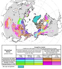 Mapa del permafrost en el hemisferio norte. Brown, J., O.J. Ferrians, Jr., J.A. Heginbottom, and E.S. Melnikov. 1998, revised February 2001.