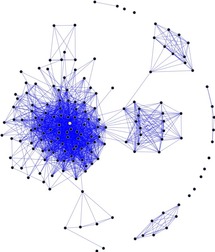 Ejemplo de un diagrama de una red social. El nodo con la más alta intermediación centralidad está marcado en amarillo. Fuente: Wikimedia Commons.