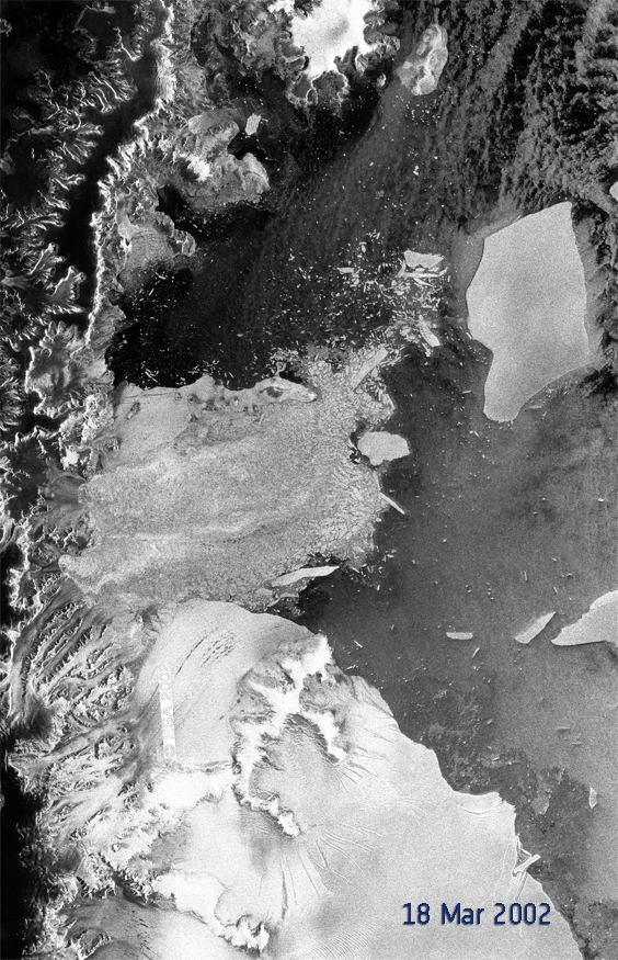 Imágenes de radaR obtenidas por el satélite Envisat entre 2002 y 2012, sobre la sección B de la Barrera de hielo Larsen de la Antártida. Imagen: ESA