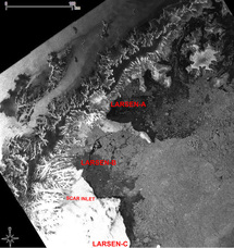 Imagen de radar de la barrera de hielo Larsen obtenida el 19 de marzo 2012. ESA.