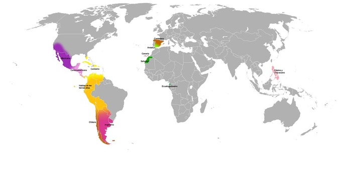 Variedades principales del español. Fuente: Wikimedia Commons.
