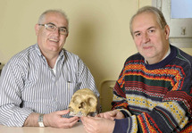 BIenvenido Martínez-Navarro y Policarp Hortolà con una réplica de cráneo neandertal. Imagen: IPHES.