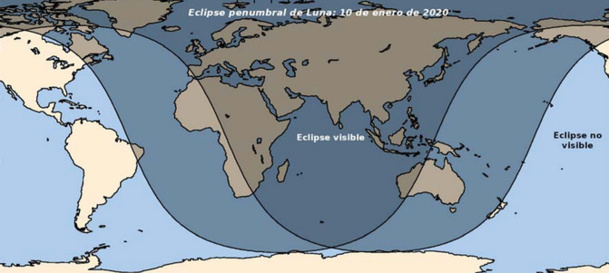 Zonas donde se podrá observar el eclipse del 10 de enero (en algunas regiones solo durante la salida de la Luna –Atlántico– o puesta –Pacífico–). / OAN-IGN Zonas donde se podrá observar el eclipse del 10 de enero (en algunas regiones solo durante la salida de la Luna –Atlántico– o puesta –Pacífico–). / OAN-IGN