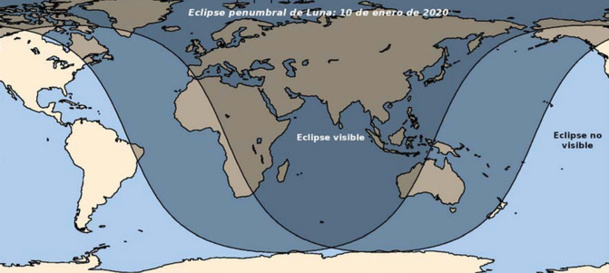 Zonas donde se podrá observar el eclipse del 10 de enero (en algunas regiones solo durante la salida de la Luna –Atlántico– o puesta –Pacífico–). / OAN-IGN