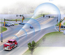 Esta ilustración muestra como un vehículo de emergencia puede comunicarse con un sistema de tráfico inteligente. Imagen: Departamento de Transporte, Estados Unidos.