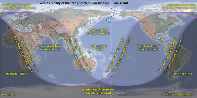 Visibilidad mundial del tránsito de Venus. Click para ampliar.