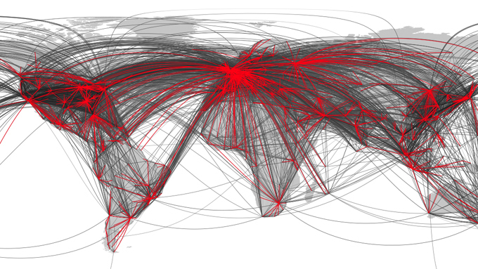 Red de trasporte aéreo mundial. Cada enlace, en gris, representa el tráfico de pasajeros entre más de 1.000 aeropuertos del planeta; la red completa tiene más de 35.000 enlaces. Las líneas rojas representan el esqueleto de la red, una estructura arbórea de solo 1.300 enlaces, que son las conexiones más importantes de la red. Fuente: Northwestern University.