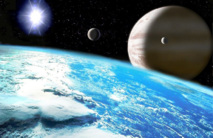 Representación artística de un planeta extrasolar gigante con un satélite similar a la tierra, con vastos océanos de agua. Fuente: Wikimedia Commons.