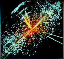Una simulación del detector CMS del Gran Colisionador de Hadrones, que muestra cómo se prevé que sean las trazas del bosón de Higgs. Fuente: Wikimedia Commons.