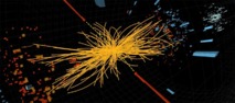 Colisión protón-protón en el experimento CMS con resultado de cuatro muones de alta energía (líneas rojas). Podría informar sobre la desintegración de un bosón de Higgs, pero también producirse por otros procesos físicos. Imagen: CMS/CERN.