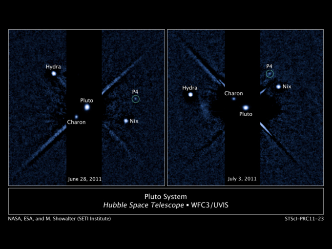 Imágenes del sistema de Plúton, tomadas por la Cámara de Gran Angular 3 del Telescopio Espacial Hubble. Fuente: NASA/ESA/M. Showalter (Instituto SETI).