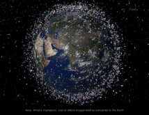 Recreación artística de residuos en la órbita terrestre basado en datos actuales. El tamaño de los residuos ha sido aumentado para hacerlos más visibles. ESA.