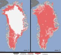 El deshielo se ha producido, en distintos grados, hasta en las zonas más altas y frías de la isla. Imagen: NASA. Fuente: SINC.