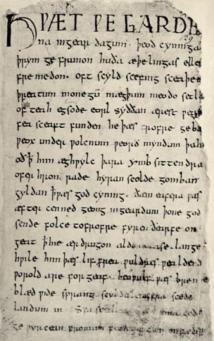 Primera página de Beowulf. Fuente: Wikimedia Commons