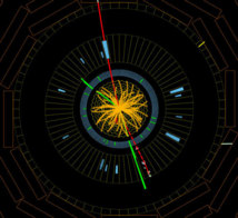Choque de protones en el detector CMS a 8 TeV, formando bosones Z que se desintegran en electrones (líneas verdes) y muones (rojas). Este evento es compatible con la desintegración de un bosón de Higgs del modelo estándar. Imagen: CMS-CERN. Fuente: SINC.