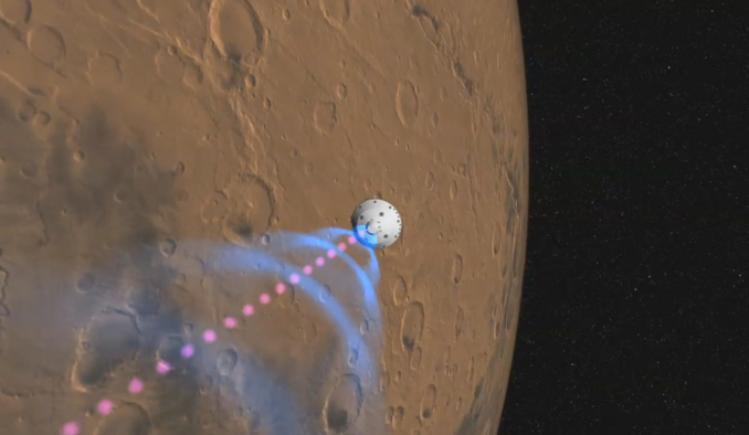 Recreación artística de cómo el robot Curiosity se comunicará con la Tierra durante el aterrizaje. NASA.