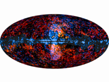 La imagen muestra la emisión procedente del centro de la Vía Láctea, detectada por el satélite Planck. Las partes en negro representan la emisión procedente del disco galáctico. La zona azul, roja y blanca del centro del mapa representa la nueva radiación anómala. Fuente: Niels Bohr Institute.