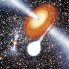 Representación artística de los dos agujeros negros. Imagen: Benjamin de Bivort. Representación artística de los dos agujeros negros. Imagen: Benjamin de Bivort.