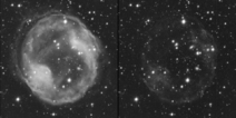 Comparación de la imagen de la nebulosa obtenida a través del filtro rojo R tal cual (izda.), con la misma imagen después de restarle la imagen tomada con el filtro de banda estrecha H-alfa (dcha.). Fuente: Fundación Descubre.