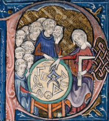 "Mujer enseñando geometría". Ilustración en los inicios de la traducción medieval de los principios de Euclides, (c. 1310). Fuente: Wikimedia Commons.
