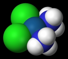 Molécula de cisplatino. Imagen: Benjah-bmm27. Fuente: Wikimedia Commons.