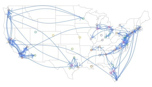 Mapa de cómo se expanden los neologismos entre ciudades de Estados Unidos. Fuente: Instituto de Tecnología de Atlanta.