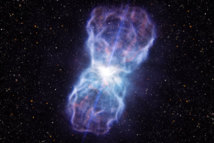 Impresión artística del enorme chorro eyectado por el cuásar SDSS J1106+1939. Fuente: ESO.