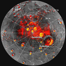 Región del polo norte de Mercurio con las zonas (en rojo) que la sonda Messenger siempre ha observado en sombra. En amarillo, los depósitos polares captados desde los radares de la Tierra. Fuente: NASA.