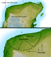 Imagen del relieve de la península de Yucatán, México, donde se sitúa el cráter de Chicxulub. Fuente: NASA. Imagen del relieve de la península de Yucatán, México, donde se sitúa el cráter de Chicxulub. Fuente: NASA.