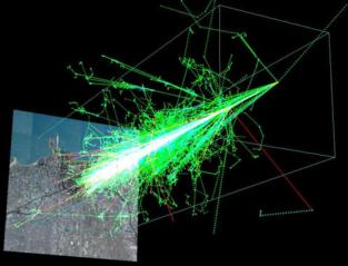 Simulación del impacto de una partícula y su radiación cósmica consecuente. Fuente: Wikimedia Commons.