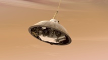 Descenso en paracaídas del rover Curiosity de la NASA sobre Marte (representación artística). Fuente: Wikimedia Commons.